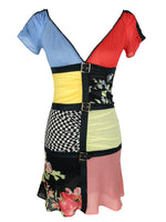 Vintage 2000s Y2K Rocco Barocco Designer Silk Mondrian Style Mod Avant-Garde Colourblock Checkered & Floral Patchwork V-Neck Short Sleeve Above-the-Knee Mini Dress with Buckle Details | Size S