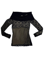 Vintage 2000s Off-the Shoulder Black & Beige Lace Mesh Long Sleeve Top | Size S