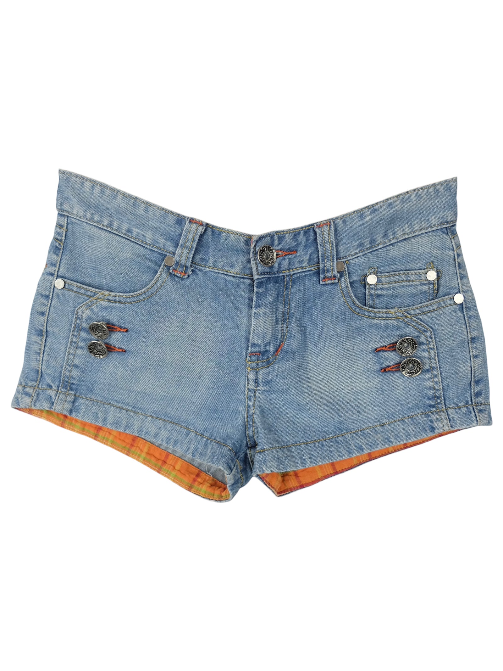Vintage 2000s Y2K Low Rise Medium Wash Blue Denim Short Booty Shorts with Rhinestone Detail | 30 Inch Waist