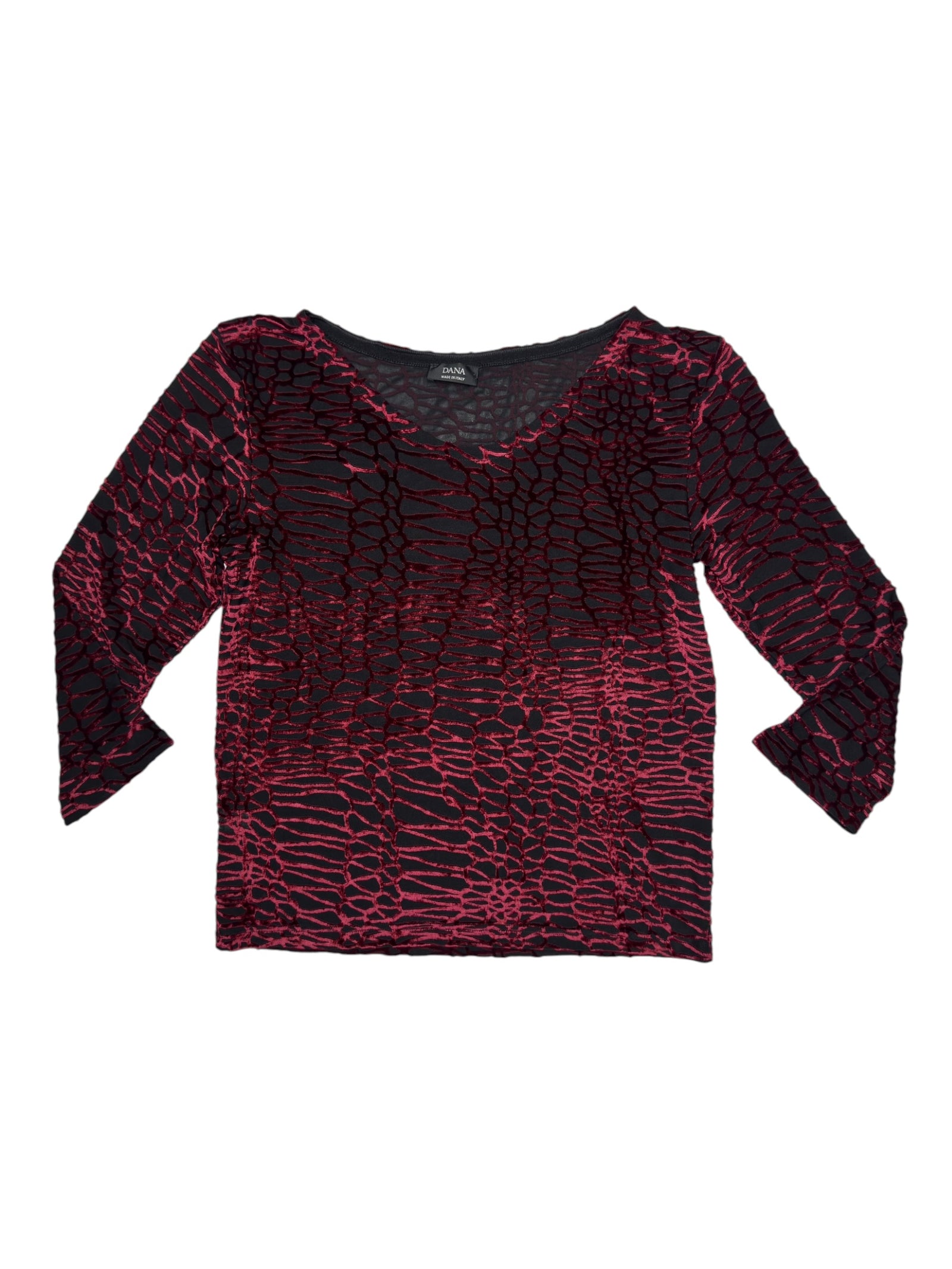 Vintage 2000s Red & Black Velvet 3/4 Sleeve Scoop Neck Top | Size XS-S