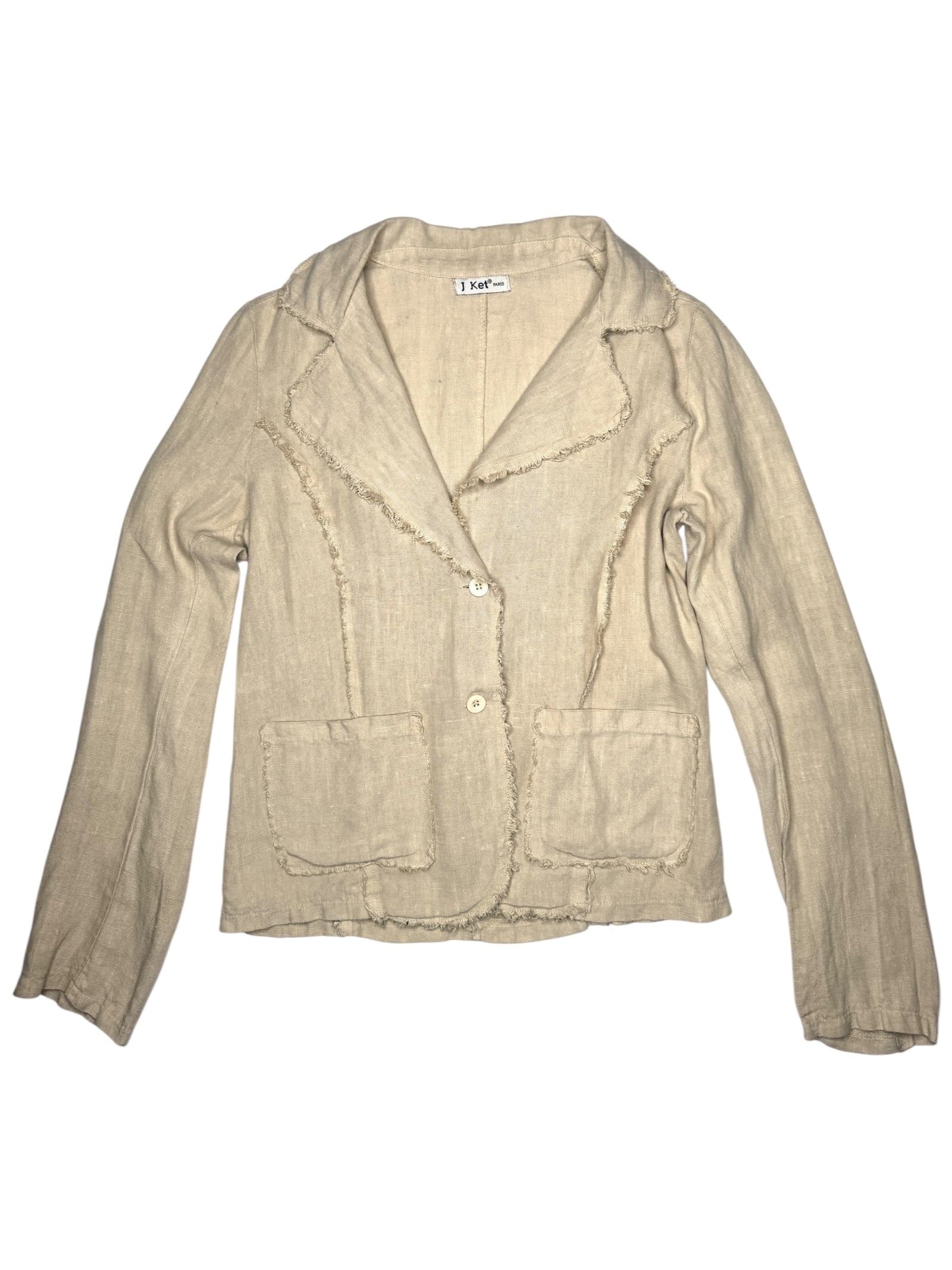 Vintage 90s Y2K Beige Linen Basic Button Down Collared Lightweight Blazer Jacket | Size M-L