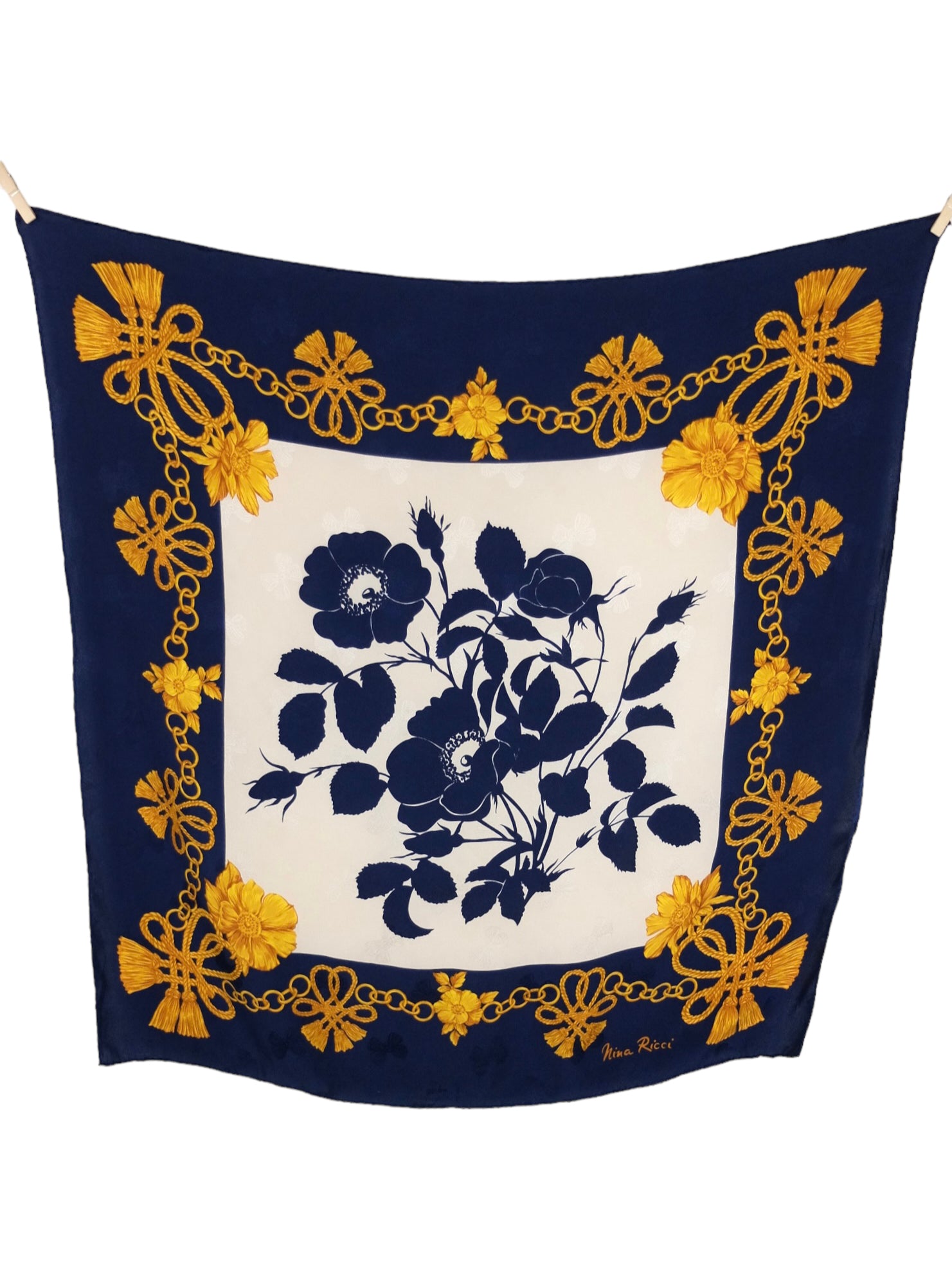 Vintage 90s Nina Ricci Silk Chic Avant Garde Dark Navy Blue White & Gold Floral Chain Patterned Large Square Bandana Neck Tie Scarf with Hand-Rolled Hem