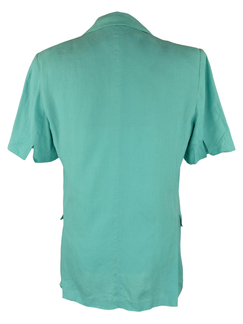 Vintage 90s Max Mara Designer Minimalist Formal Solid Basic Linen Turquoise Half Sleeve Collared V-Neck Blouse | Size M