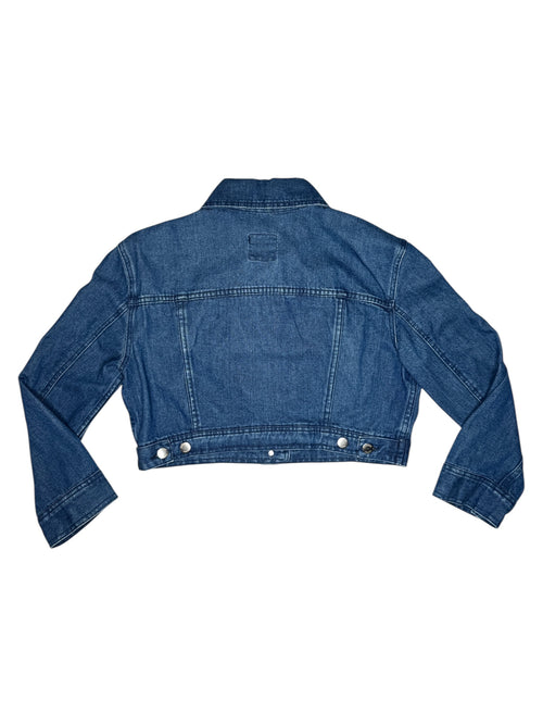 Vintage 2000s Y2K Moschino Jeans Cropped Blue Medium Wash Collared Button Down Denim Jacket | Size M-L