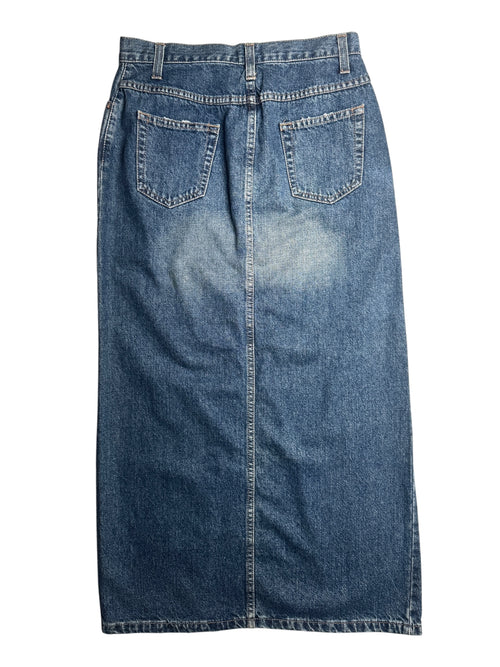 Vintage 2000s Y2K Soft Grunge Streetwear Blue Jean Denim Low Rise Cutout Maxi Skirt | Size S