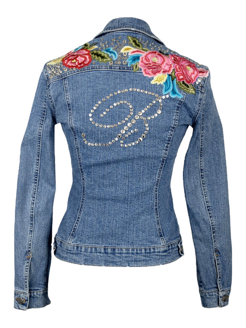 Vintage 2000s Y2K Blumarine Fitted Blue Denim Jacket with Studs & Floral Embroidery Detail  | Size XS