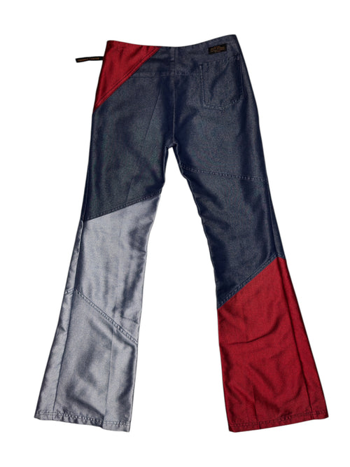 Vintage 2000s FREEMAN PORTER Low Rise Metallic Red Silver & Blue Denim Flare Trousers | Size XS-S