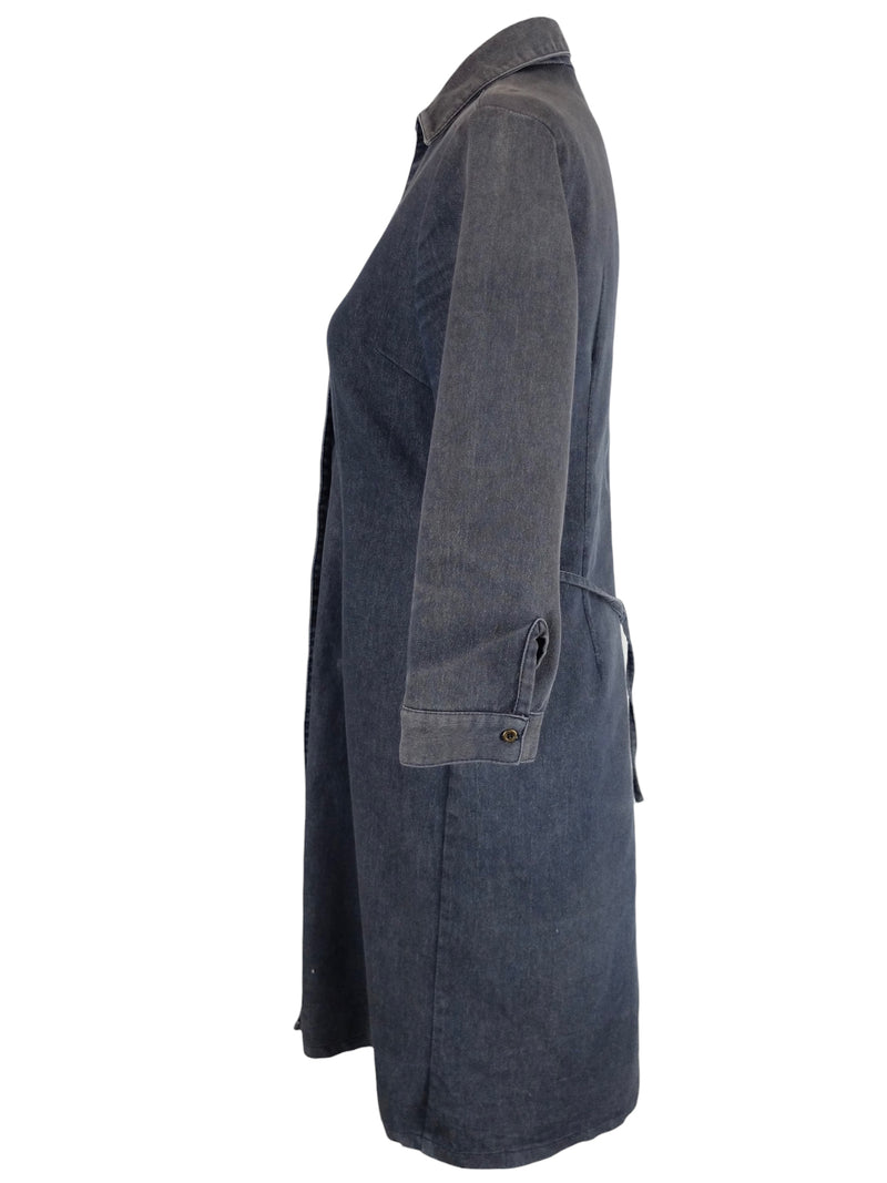Vintage 2000s Y2K Cache Cache Bohemian Mod Utilitarian Solid Basic Dark Navy Blue Collared Long Sleeve Button Down Jean Denim Midi Dress with Waist Tie | Size M