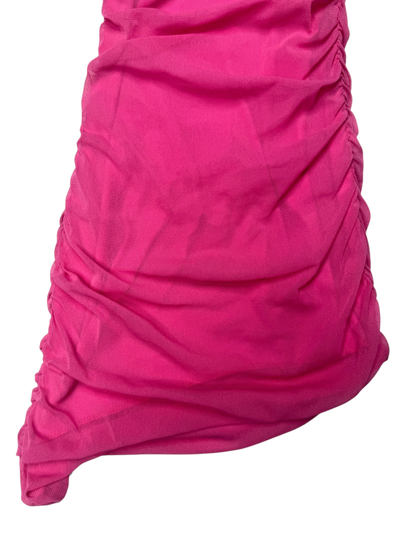 Vintage 2000s Y2K Bubblegum Pink Mesh Asymmetrical Fitted Ruched Tank Mini Party Dress | Size XS