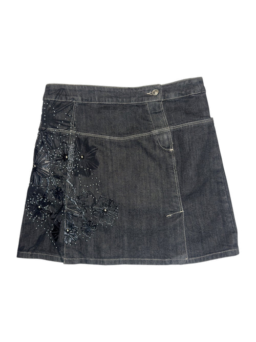 Vintage 2000s Versace Jeans Couture Black Denim Mid Rise A-Line Mini Skirt with Floral Appliqué Detail | 29 Inch Waist