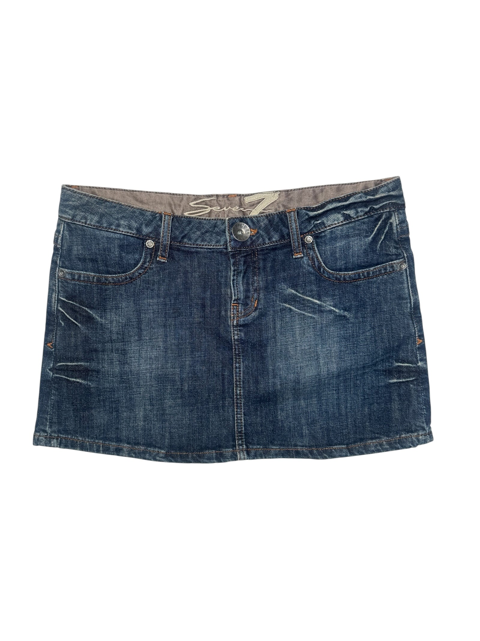 Vintage 2000s 7 For All Mankind Low Rise Blue Jean Mini Denim Skirt with Rhinestone Detail | Size S-M
