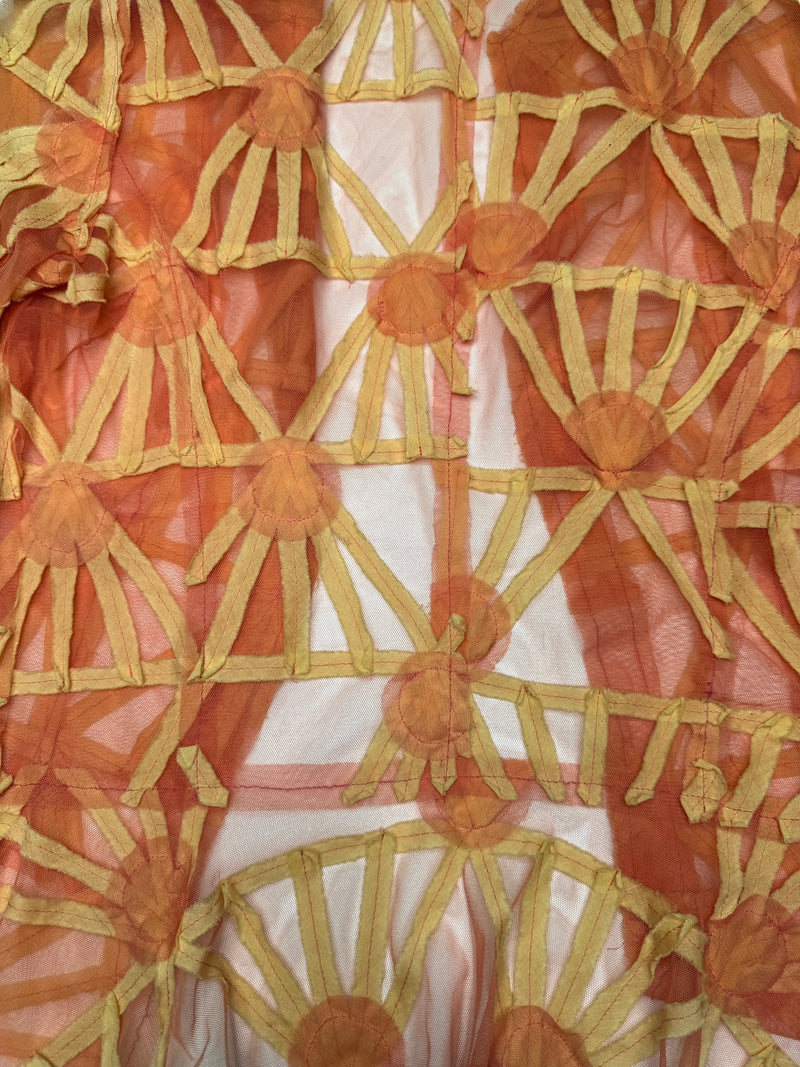 Vintage 2000s Y2K Save The Queen Orange Abstract Lightweight Mesh Patchwork Summer Blazer Jacket | Size S