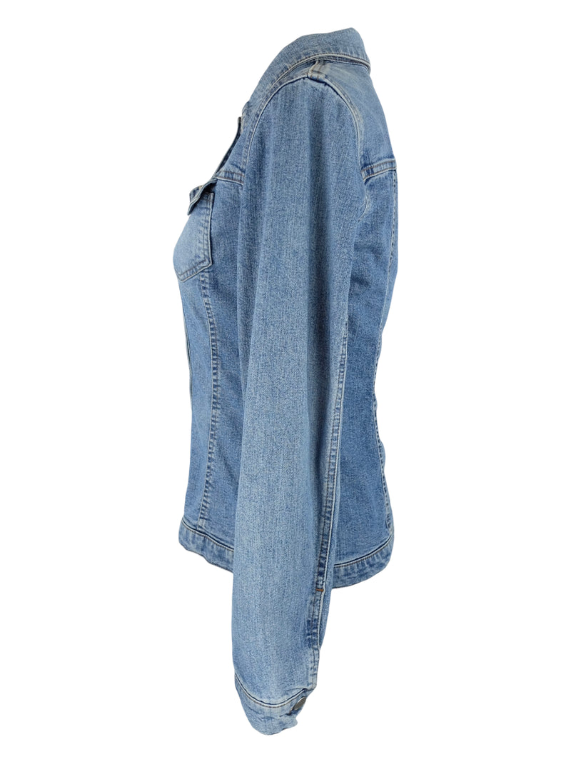 Vintage 2000s Y2K Miss Sixty Bohemian Light Wash Collared Button Down Fitted Denim Jean Jacket | Size S