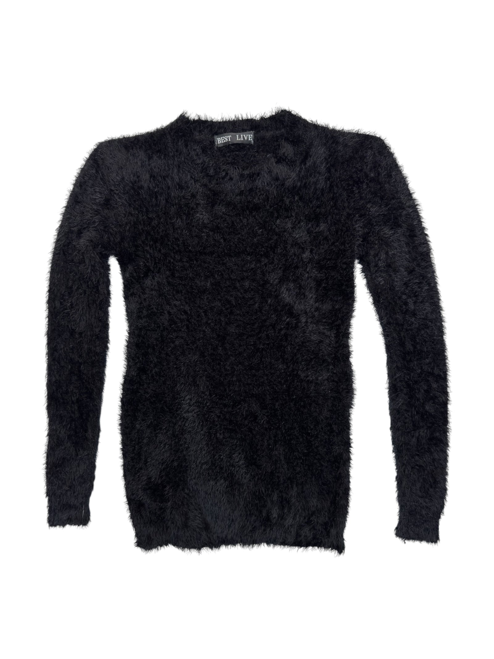 Vintage 2000s Wool Blend Black Stretchy Fitted Fuzzy Pullover Sweater | Size XS-S