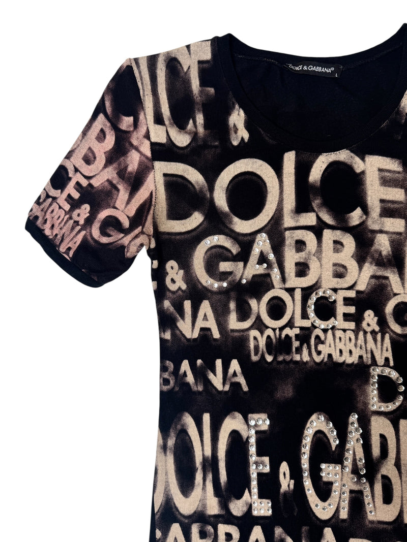 Vintage 2000s Y2K Dolce & Gabbana Black & Beige Bedazzled Rhinestone Graphic Short Sleeve Logo Tee | Size M-L