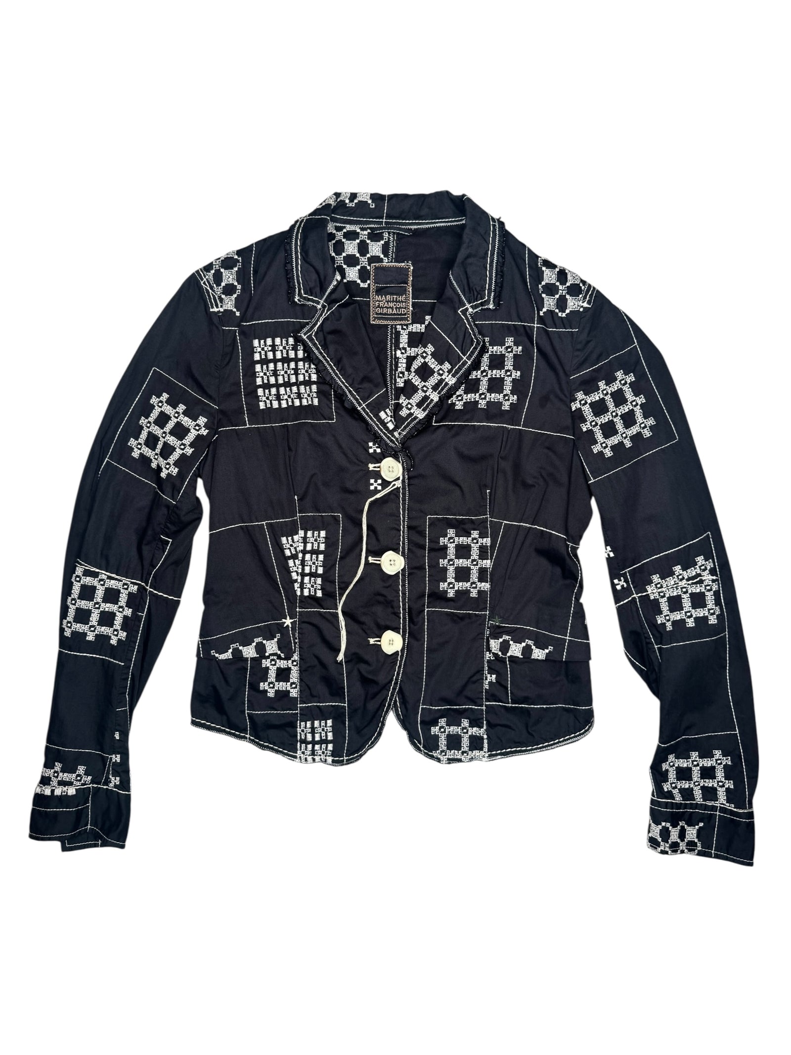 Vintage 2000s Y2K Marithé + François Girbaud Bohemian Subversive Navy Blue & White Abstract Embroidered  Button Down Collared Blazer Jacket | Size S