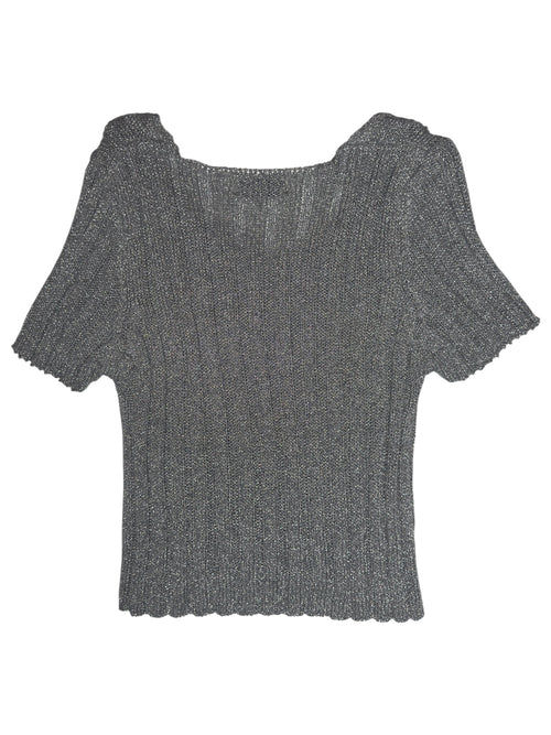 Vintage 90s Metallic Silver Short Sleeve Stretchy Scoop Neck Ribbed Knit Blouse | Size M