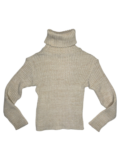 Vintage 2000s Beige & Gold Metallic Wool Blend Ribbed Fitted Pullover Turtleneck Sweater | Size M
