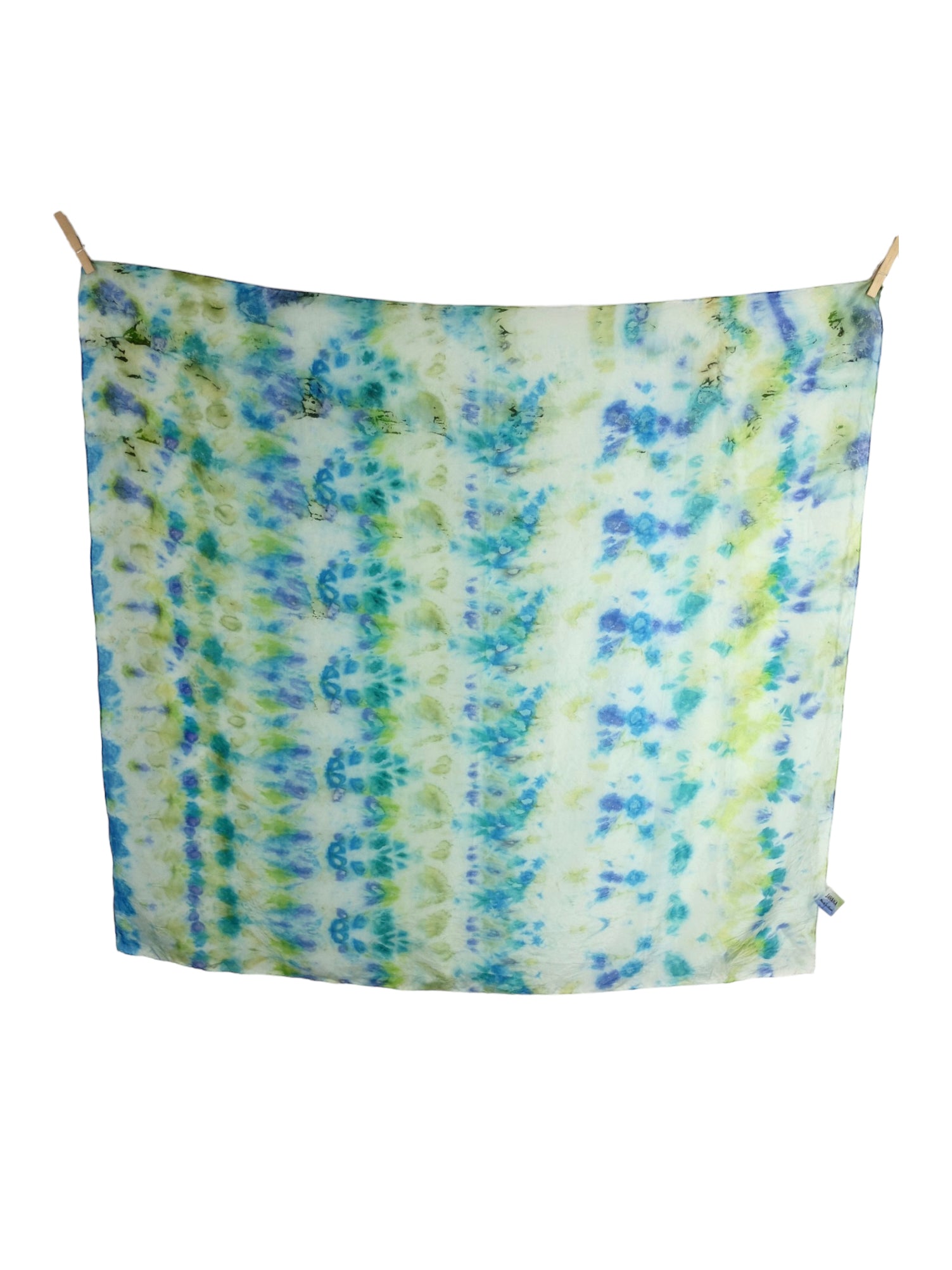 Vintage 90s Silk Hippie Bohemian Festival Style Blue & Green Tie Dye Acid Wash Large Square Bandana Neck Tie Scarf