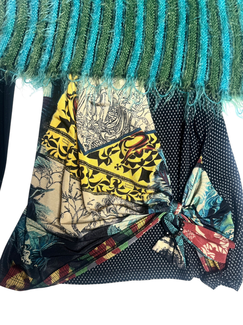 Vintage 2000s Y2K Save The Queen Subversive Abstract Print Off-the-Shoulder Long Sleeve Blouse with Knit Bolero Detail | Size M