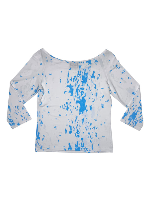 Vintage 2000s KRIZIA White & Blue Abstract Patterned 3/4 Sleeve Top | Size S-M