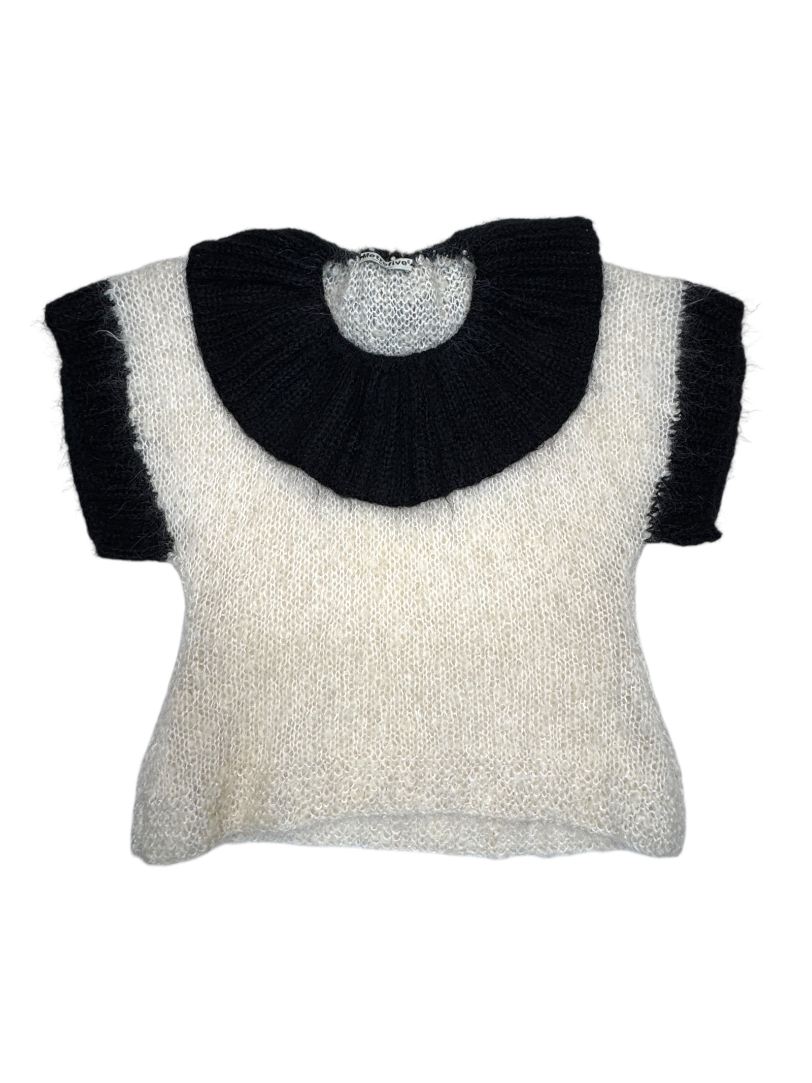 Vintage 2000s Knit Cream & Black Collared Short Sleeve Chunky Knit Sweater | Size M-L