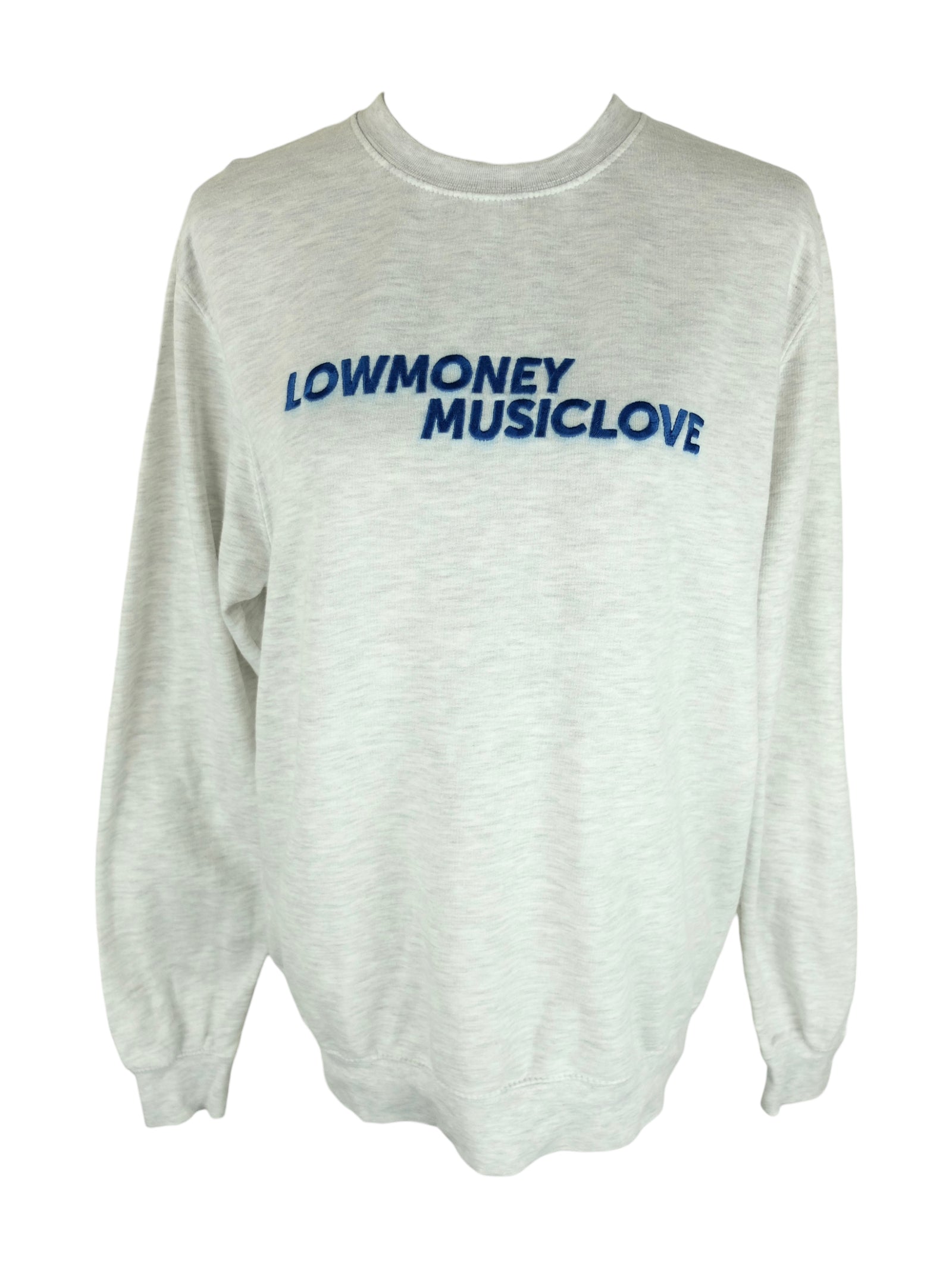 Low Money Music Love Grey & Navy Blue Crew Neck Pullover Embroidered Sweatshirt | Men’s Size M