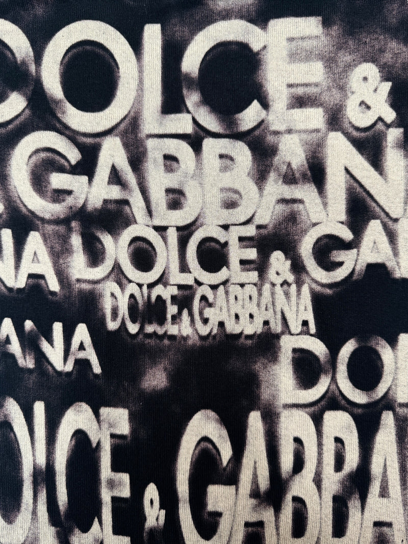 Vintage 2000s Y2K Dolce & Gabbana Black & Beige Bedazzled Rhinestone Graphic Short Sleeve Logo Tee | Size M-L