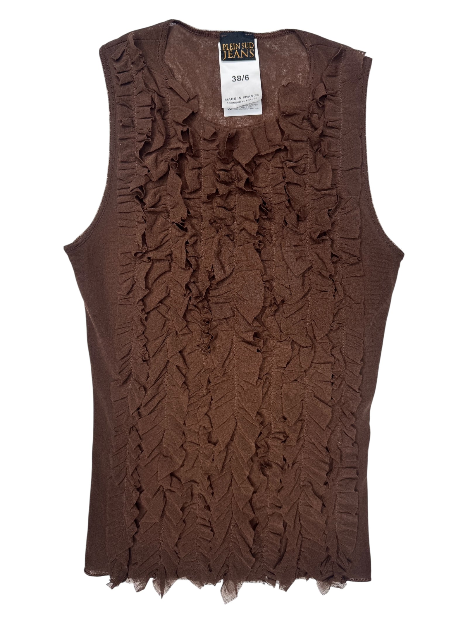 Vintage 2000s Y2K Plein Sud Jeans Dark Brown Ruffled Sleeveless Mesh Top | Size S-M