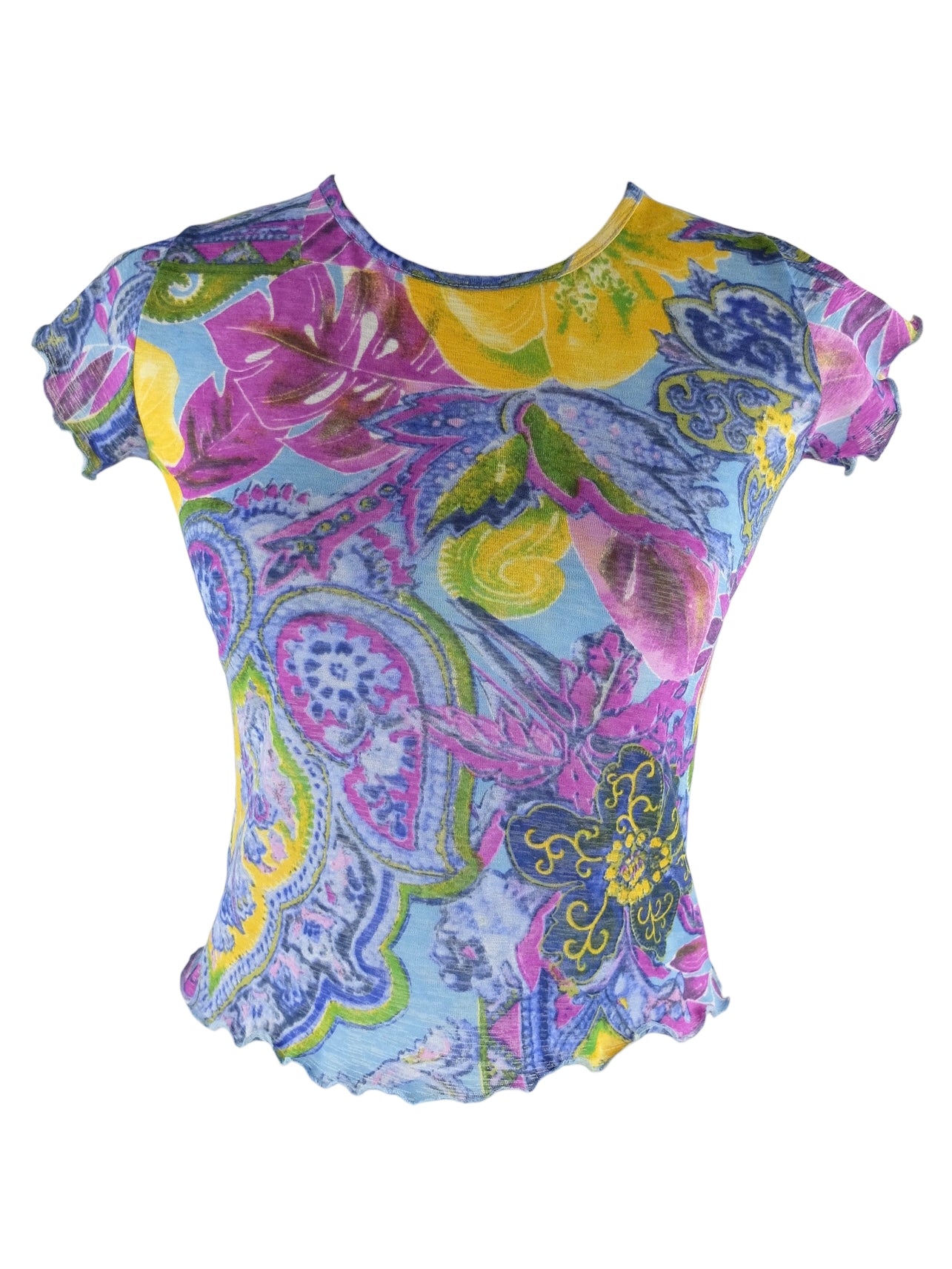 Vintage 2000s Y2K Floral Paisley Short Sleeve Mesh Crop Top with Lettuce Hem