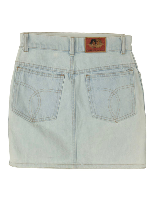 Vintage Fiorucci Designer Bohemian Light Wash Fitted Denim Above-the-Knee Mini Skirt | 24 Inch Waist