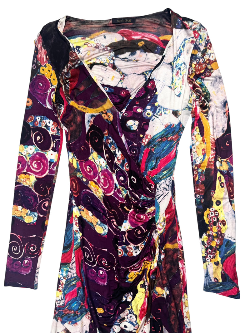Vintage 2000s Y2K Roberto Cavalli Art Nouveau Purple Abstract Patterned Long Sleeve Dress | Size M