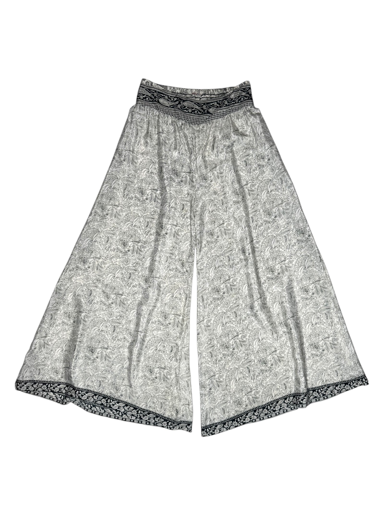 Vintage 2000s Silk Blend High Waisted Cream & Black Abstract Floral Paisley Print Wide Leg Pants | Size M-L