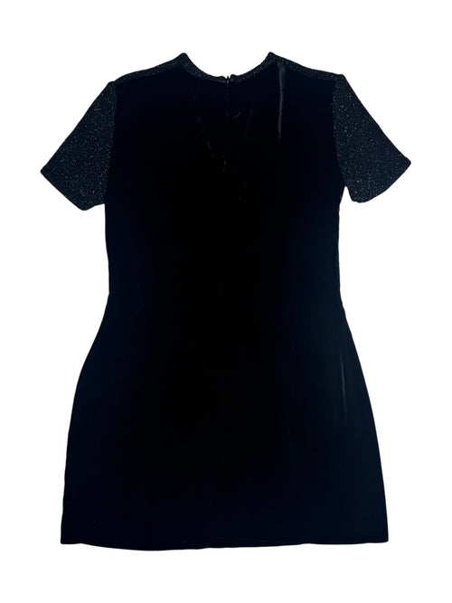 Vintage 90s Y2K Roberto Scarpa Black Velvet Short Sleeve Formal Cocktail Party Dress With Fuzzy Sparkle Detail | Size M-L