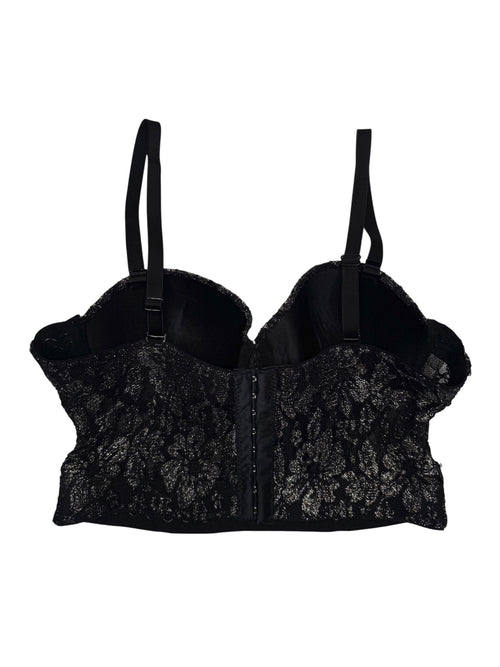 Vintage 2000s Black & Gold Metallic Floral Lace Cropped Bustier Corset | Size M-L