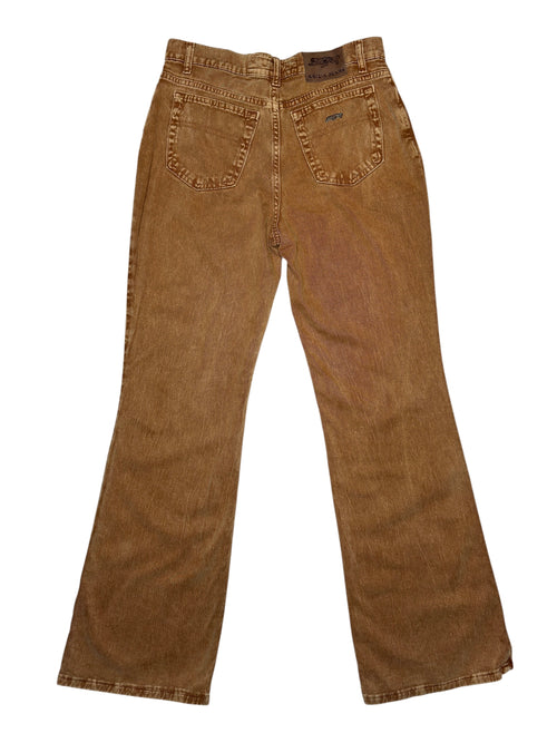 Vintage 2000s KRIZIA Brown Acid Wash Low Rise Bootcut Jeans with Velour Leopard Print Detail | Size S