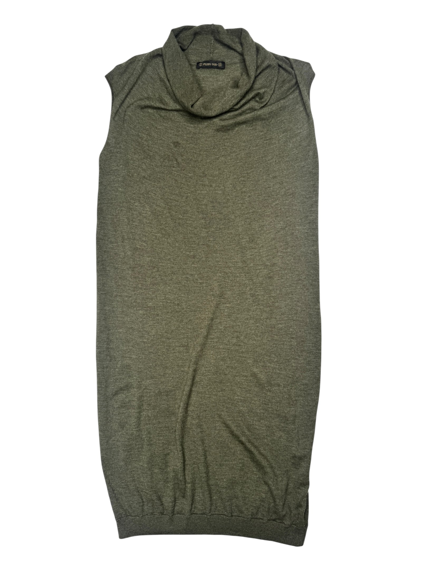 Vintage 2000s Y2K Plein Sud Wool Khaki Green Sleeveless Roll Turtleneck Knit Sleeveless Sweater Midi Dress | Size L-XL