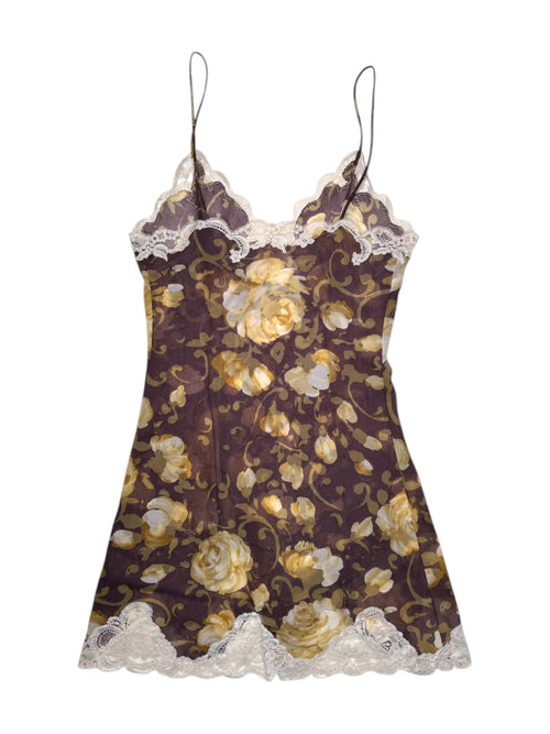 Vintage 2000s Brown & Yellow Floral Slip Cami Tank Top with Lace Trim | Size Small