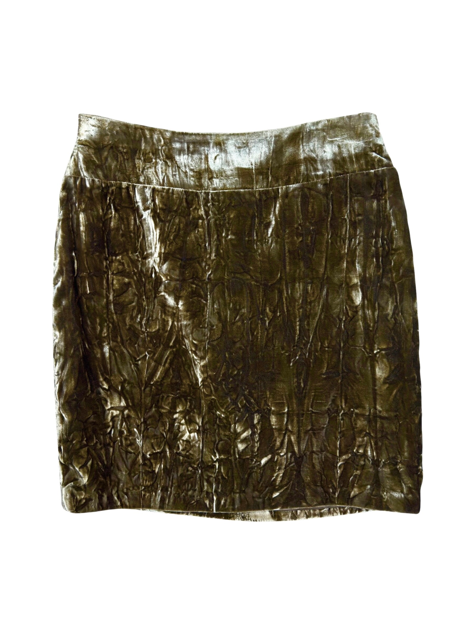 Vintage 2000s High Waisted Khaki Green Crushed Velvet Crinkle Mini Skirt | Size S