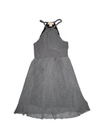 Vintage 2000s MICHAEL KORS Silk Blue & Brown Geometric Print High Halter Keyhole Neckline Midi Dress with Raw Hem | Size S