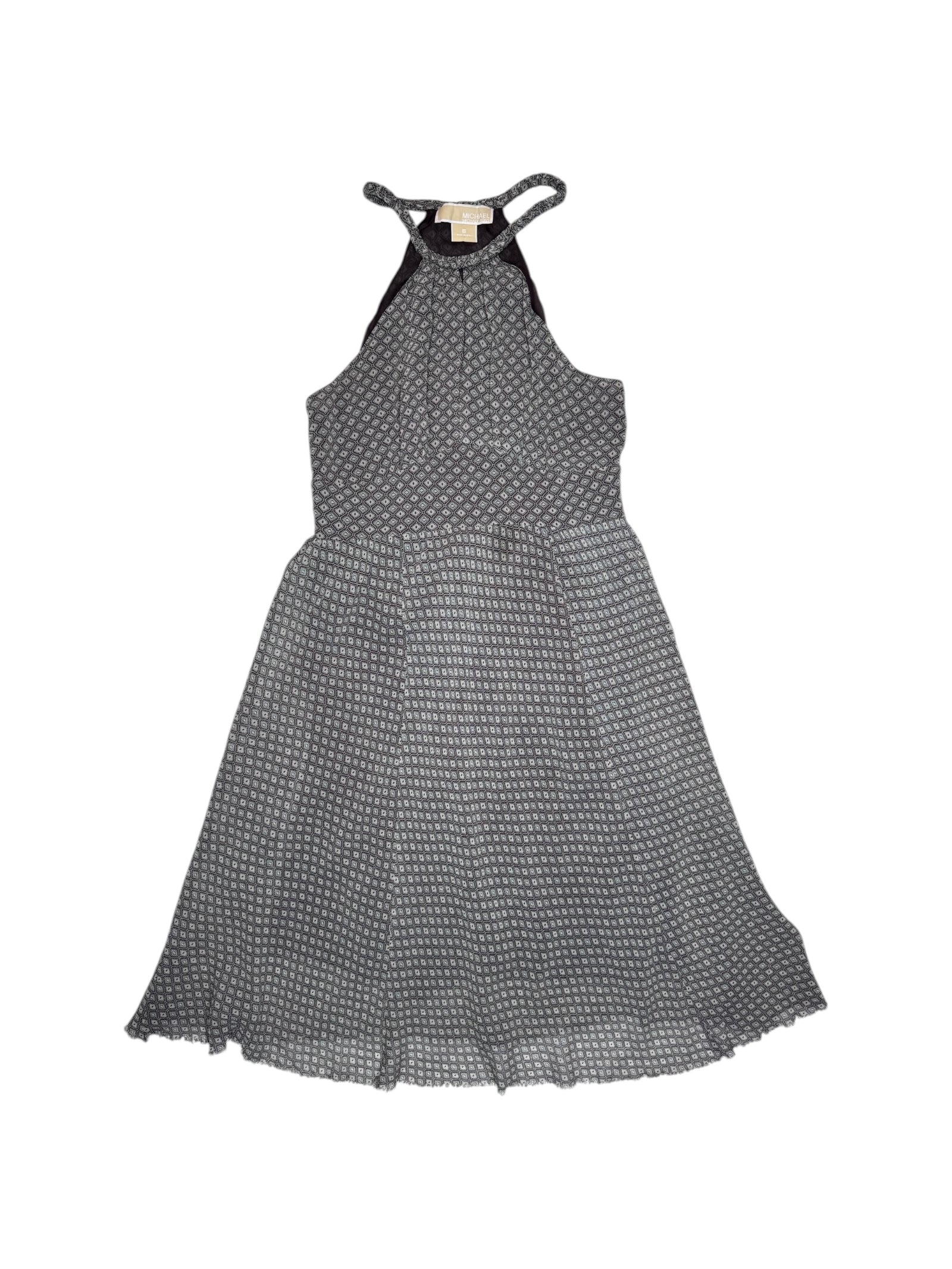 Vintage 2000s MICHAEL KORS Silk Blue & Brown Geometric Print High Halter Keyhole Neckline Midi Dress with Raw Hem | Size S