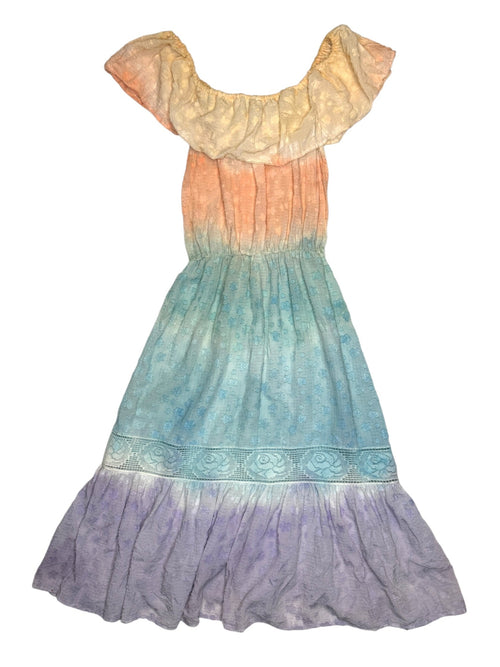 Vintage 2000s Blumarine Ombre Acid Wash Multicolored Off-the- Shoulder Ruffled Summer Maxi Dress | Size S