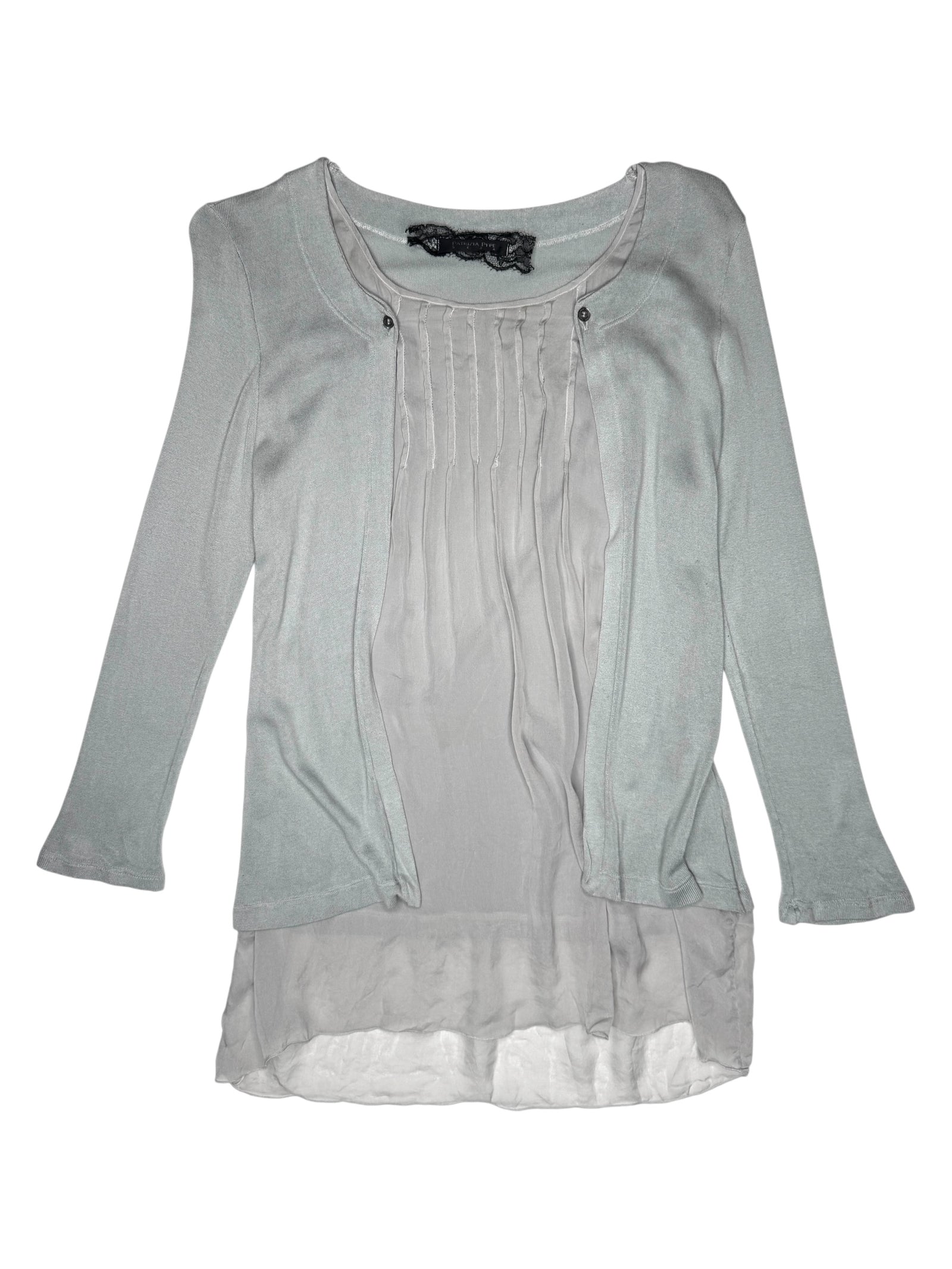 Vintage 2000s Y2K Patrizia Pepe Grey Layered Long Sleeve Silk Scoop Neck Blouse with Attached Cardigan | Size M