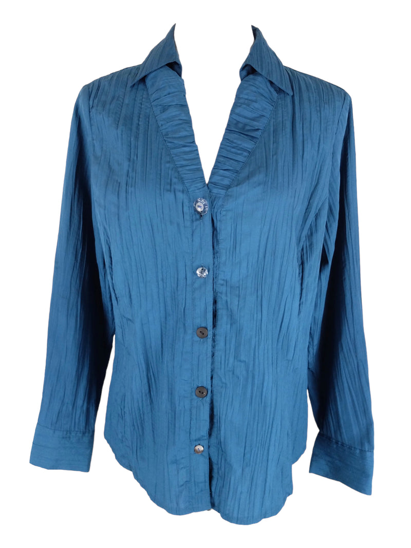 Vintage 2000s Y2K Solid Dark Blue Collared Long Sleeve Crinkle Button Up Shirt Blouse | Size L