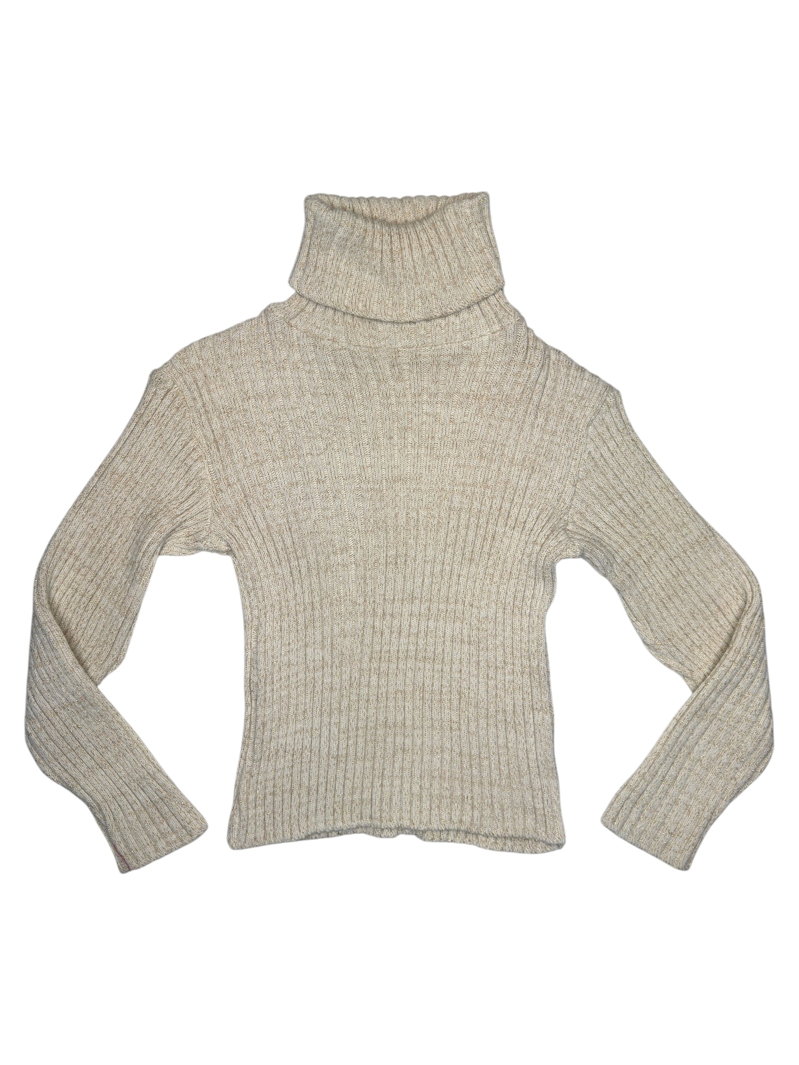 Vintage 2000s Beige & Gold Metallic Wool Blend Ribbed Fitted Pullover Turtleneck Sweater | Size M