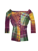 Vintage 2000s PLEIN SUD Abstract Multicolor Acid Wash 3/4 Sleeve Off-the-Shoulder Mesh Top | Size XS-S