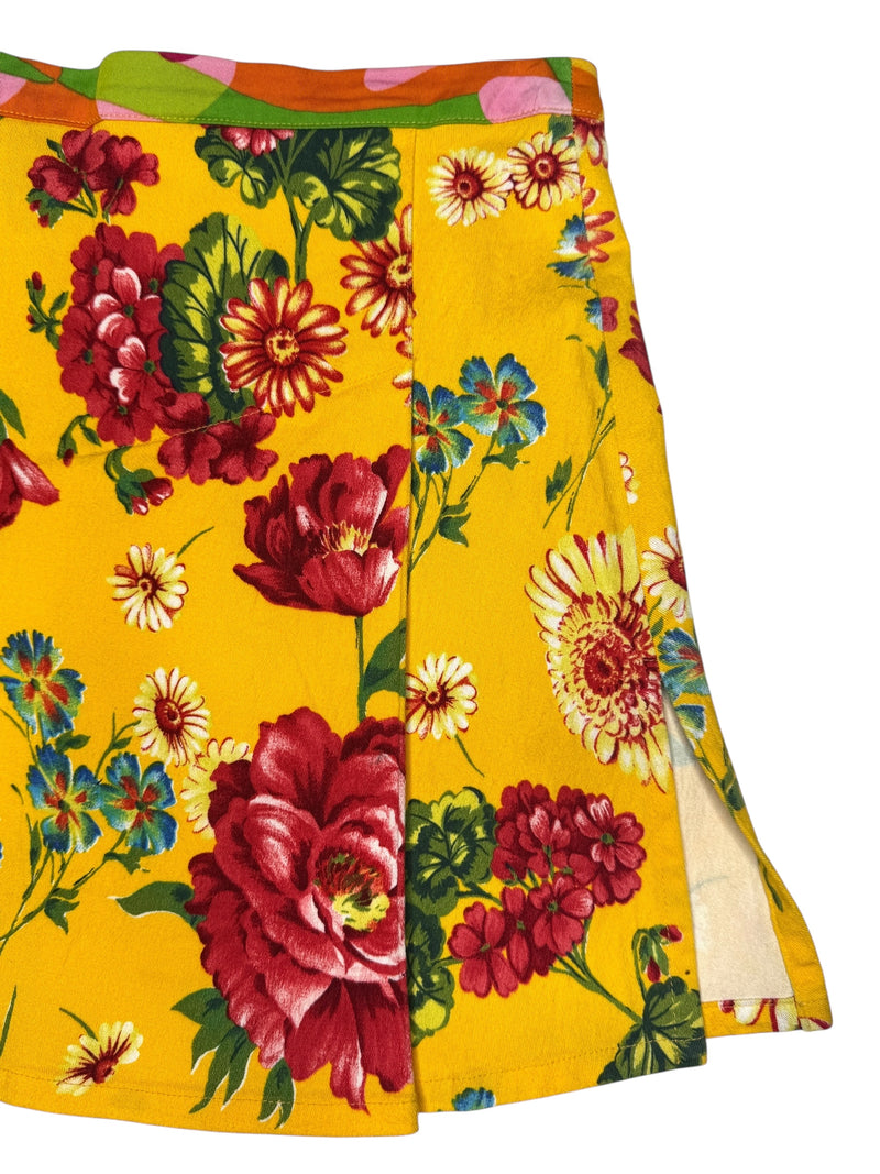Vintage 2000s Y2K Dolce & Gabbana Bohemian Preppy Low Mid Rise Yellow Floral & Abstract Patterned A-Line Mini Skirt | Size S