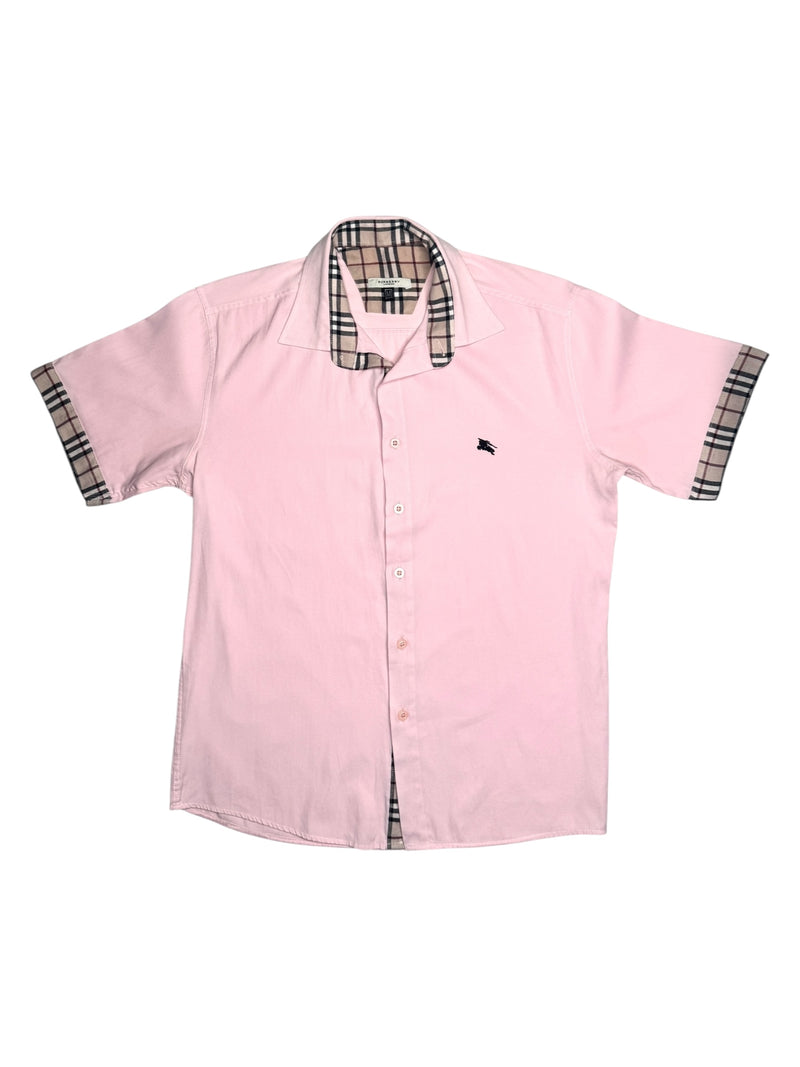 Vintage 2000s Y2K Burberry Preppy Pastel Pink & Plaid Tartan Collared Button Up Short Sleeve Shirt | Size M