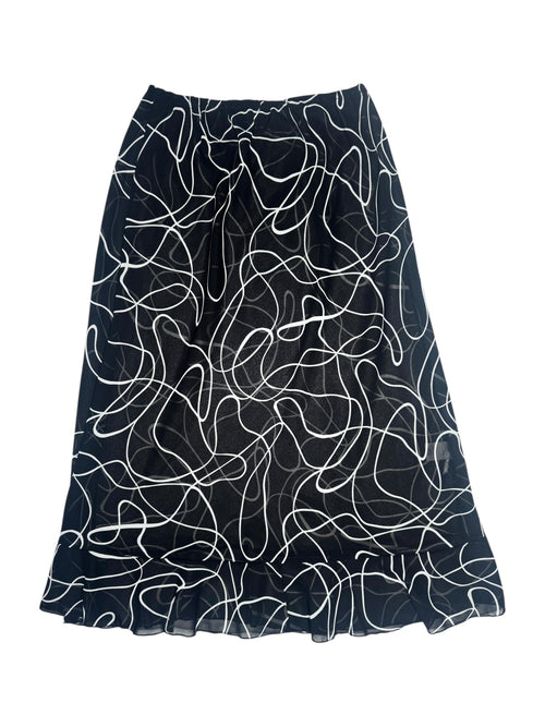 Vintage 2000s Y2K Italian Black & White Abstract Patterned Transparent Chiffon Midi Skirt | Size XL