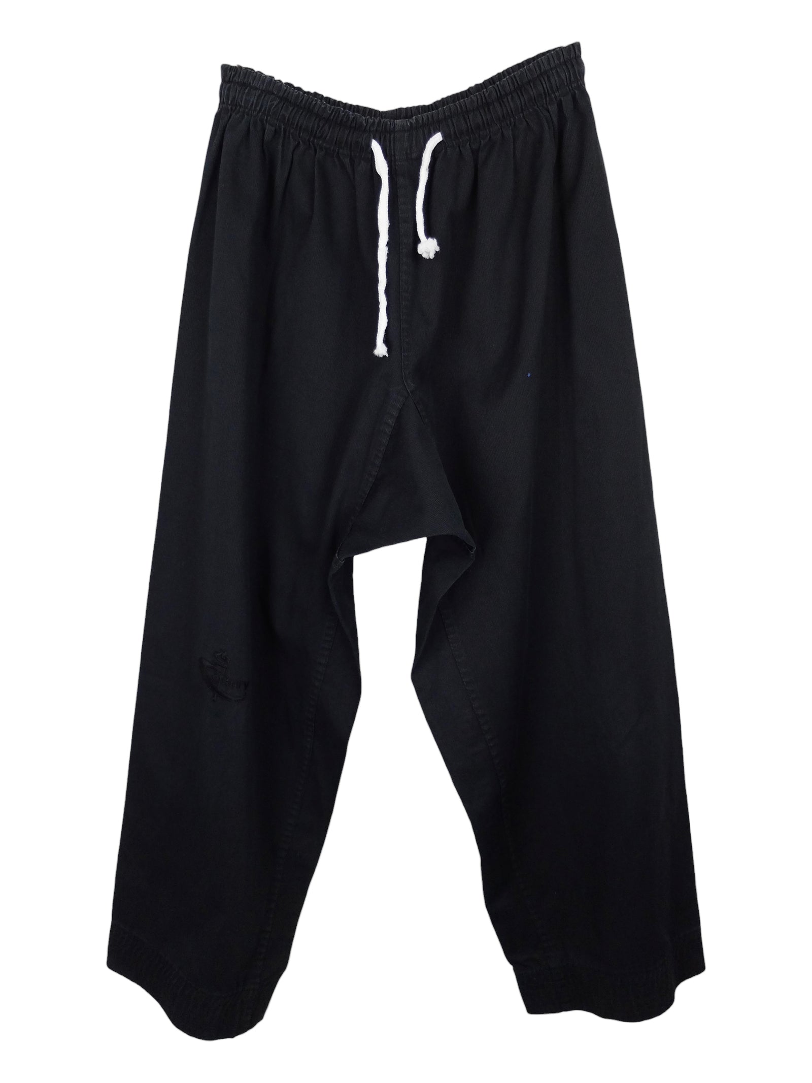 Vintage 90s Men's Streetwear Utilitarian Solid Basic Black Relaxed Loose Fit Trouser Pants with Elasticated Waist & Drawstring | 30 Inch Waist
